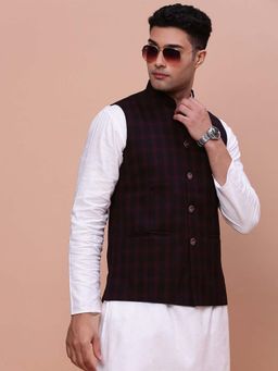 SHOWOFFFF - Mens Checked Burgundy Slim Fit Nehru Jacket
