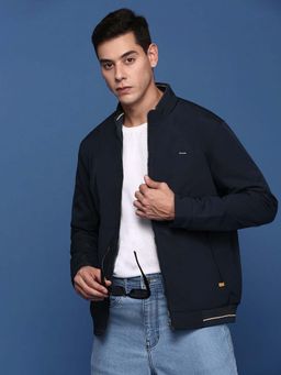 SHOWOFF - Mens Navy Blue Mock Collar Solid Bomber Jacket