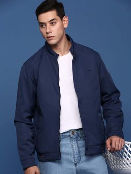 SHOWOFF - Mens Navy Blue Mock Collar Solid Bomber Jacket