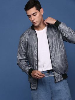 SHOWOFF - Mens Grey Mandarin Collar Printed Bomber Jacket