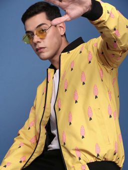 SHOWOFF - Mens Yellow Mandarin Collar Printed Bomber Jacket