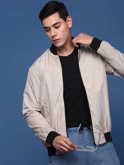 SHOWOFF - Mens Cream Mandarin Collar Printed Bomber Jacket