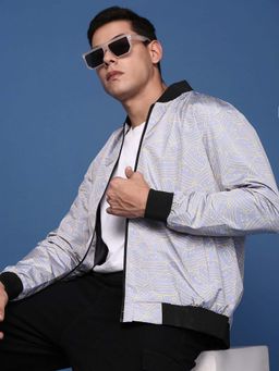 SHOWOFF - Mens Lavender Mandarin Collar Printed Bomber Jacket