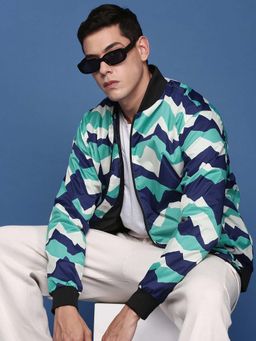 SHOWOFF - Mens Sea Multi-Color Mandarin Collar Printed Bomber Jacket
