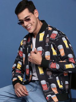 SHOWOFF - Mens Black Mandarin Collar Printed Bomber Jacket