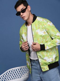 SHOWOFF - Mens Green Mandarin Collar Printed Bomber Jacket