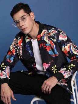 SHOWOFFFF - Mens Black Mandarin Collar Printed Bomber Jacket