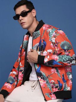 SHOWOFF - Mens Orange Mandarin Collar Printed Bomber Jacket