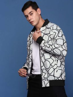 SHOWOFF - Mens Grey Mandarin Collar Printed Bomber Jacket