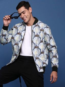 SHOWOFF - Mens Grey Mandarin Collar Printed Bomber Jacket