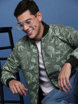 SHOWOFF - Mens Green Mandarin Collar Printed Bomber Jacket