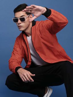 SHOWOFF - Mens Orange Mandarin Collar Printed Bomber Jacket