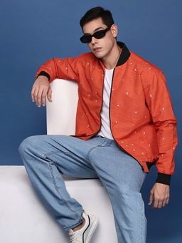 SHOWOFF - Mens Orange Mandarin Collar Printed Bomber Jacket