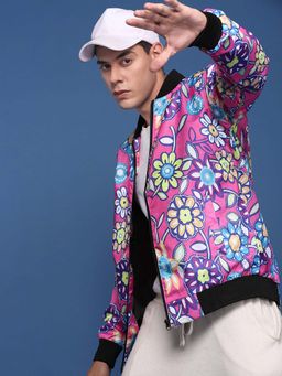 SHOWOFF - Mens Pink Mandarin Collar Floral Bomber Jacket
