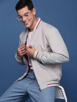 SHOWOFFFF - Mens Off White Mandarin Collar Solid Bomber Jacket