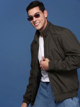 SHOWOFF - Mens Olive Mandarin Collar Solid Bomber Jacket