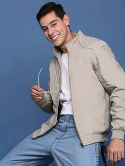 SHOWOFFFF - Mens Cream Mandarin Collar Solid Bomber Jacket