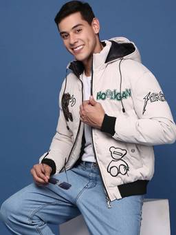 SHOWOFFFF - Mens Cream Mock Collar Solid Puffer Jacket with Detachable Hoodie