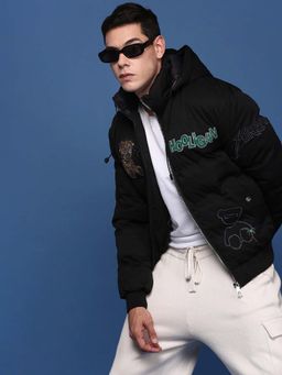 SHOWOFF - Mens Black Mock Collar Solid Puffer Jacket with Detachable Hoodie