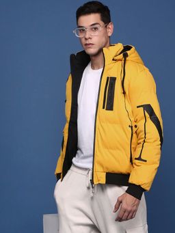 SHOWOFFFF - Mens Yellow Mock Collar Solid Reversible Puffer Jacket with Detachable Hoodie