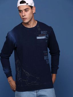 SHOWOFFFF - Mens Navy Blue Round Neck Pullover Sweatshirt