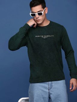 SHOWOFF - Mens Green Round Neck Solid Pullover Sweatshirt