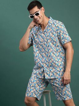 SHOWOFF - Mens Blue Floral Cuban Collar Relaxed Fit Co-Ord (Set of 2)