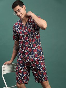 SHOWOFF - Mens Navy Blue Floral Cuban Collar Relaxed Fit Co-Ord (Set of 2)
