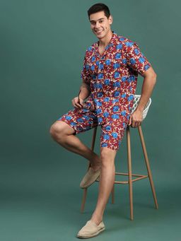 SHOWOFF - Mens Maroon Floral Cuban Collar Relaxed Fit Co-Ord (Set of 2)