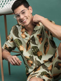 SHOWOFF - Mens Green Floral Cuban Collar Relaxed Fit Co-Ord (Set of 2)