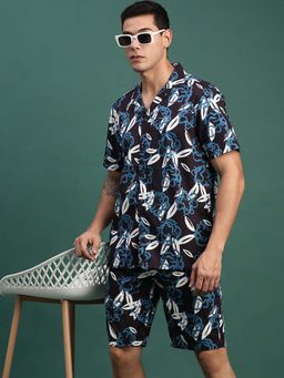 SHOWOFF - Mens Navy Blue Printed Cuban Collar Relaxed Fit Co-Ord (Set of 2)