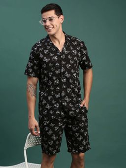 SHOWOFF - Mens Black Printed Cuban Collar Relaxed Fit Co-Ord (Set of 2)
