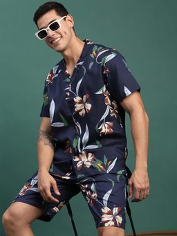 SHOWOFF - Mens Navy Blue Floral Cuban Collar Relaxed Fit Co-Ord (Set of 2)