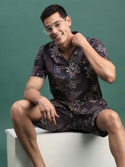 SHOWOFF - Mens Navy Blue Printed Cuban Collar Relaxed Fit Co-Ord (Set of 2)