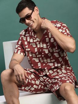 SHOWOFFFF - Mens Maroon Printed Cuban Collar Relaxed Fit Co-Ord (Set of 2)