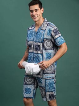 SHOWOFF - Mens Blue Printed Cuban Collar Relaxed Fit Co-Ord (Set of 2)