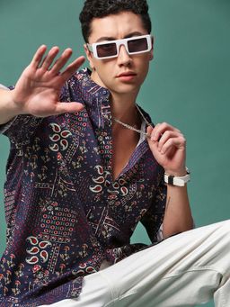SHOWOFF - Men Navy Blue Ethnic Motifs Paisley Print Slim Fit Shirt