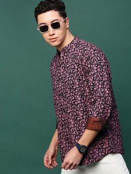 SHOWOFF - Men Pink Floral Slim Fit Mandarin Neck Shirt
