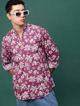 SHOWOFF - Men Pink Floral Slim Fit Mandarin Neck Shirt