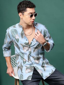 SHOWOFFFF - Men Blue Floral Slim Fit Mandarin Neck Shirt