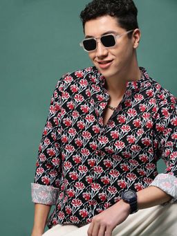SHOWOFFFF - Men Black Floral Slim Fit Mandarin Neck Shirt