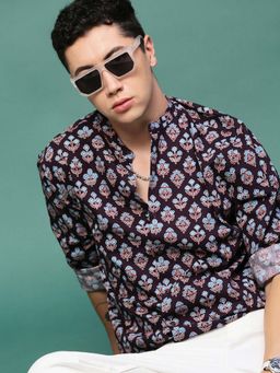 SHOWOFF - Men Purple Floral Slim Fit Mandarin Neck Shirt