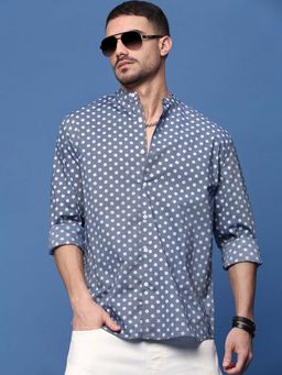 SHOWOFF - Men Grey Polka Dots Slim Fit Mandarin Neck Shirt
