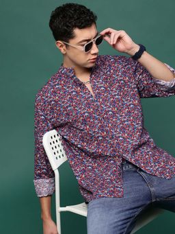 SHOWOFFFF - Men Blue Floral Slim Fit Mandarin Neck Shirt