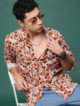 SHOWOFF - Men Orange Floral Slim Fit Shirt