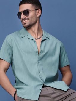 SHOWOFF - Men Turquoise Stripe Cuban Collar Relaxed Fit Shirt