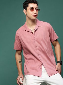SHOWOFF - Men Pink Stripe Cuban Collar Relaxed Fit Shirt