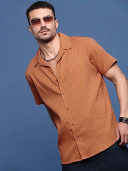 SHOWOFF - Men Orange Stripe Cuban Collar Relaxed Fit Shirt