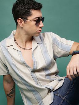 SHOWOFF - Men Cream Cuban Collar Relaxed Fit Striped Shirt