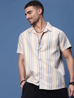 SHOWOFF - Men Beige Cuban Collar Relaxed Fit Striped Shirt